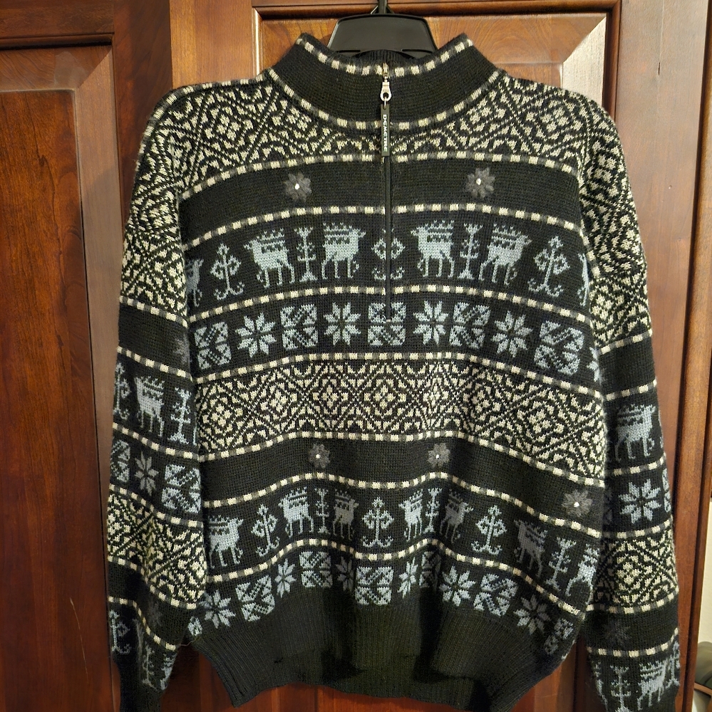 Vintage Demetre Fair Isle Reindeer Navy Blue Wool Blend Ski Quarter Zip Sweater